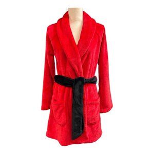 Victorias Secret Womens XS/S Plush Short Robe‎ Love Red Cozy Soft Belted Pockets